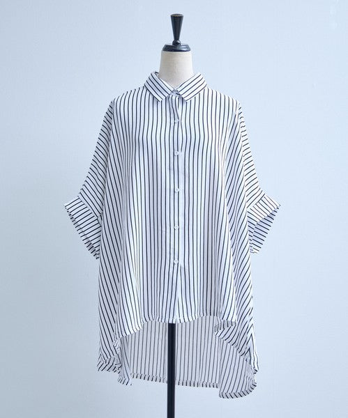 ストライプ柄 ドルマンスリーブ チュニック シャツ 半袖 前後差 体型カバー 春 夏