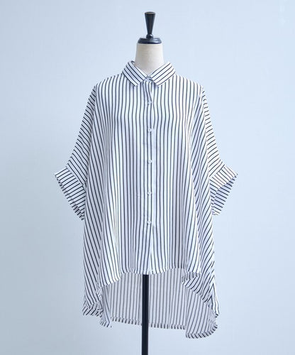 ストライプ柄 ドルマンスリーブ チュニック シャツ 半袖 前後差 体型カバー 春 夏