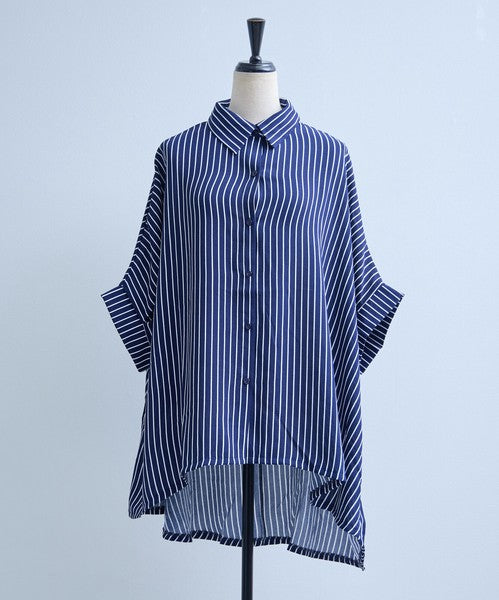 ストライプ柄 ドルマンスリーブ チュニック シャツ 半袖 前後差 体型カバー 春 夏