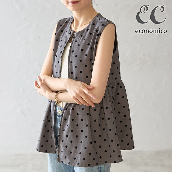 ペプラム フロッキードット ベスト ジップアップ ノースリーブ ジレ レイヤード 春 夏