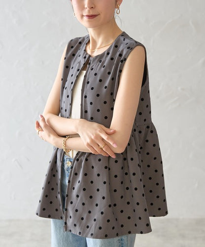 ペプラム フロッキードット ベスト ジップアップ ノースリーブ ジレ レイヤード 春 夏