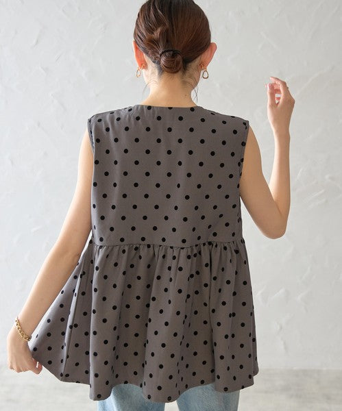 ペプラム フロッキードット ベスト ジップアップ ノースリーブ ジレ レイヤード 春 夏