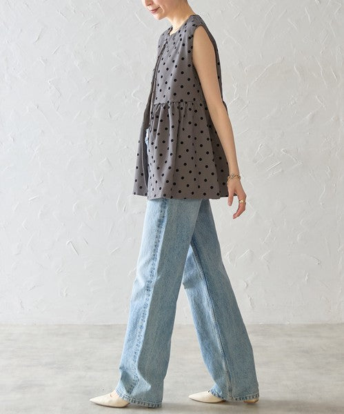 ペプラム フロッキードット ベスト ジップアップ ノースリーブ ジレ レイヤード 春 夏