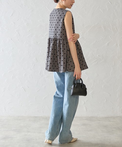 ペプラム フロッキードット ベスト ジップアップ ノースリーブ ジレ レイヤード 春 夏