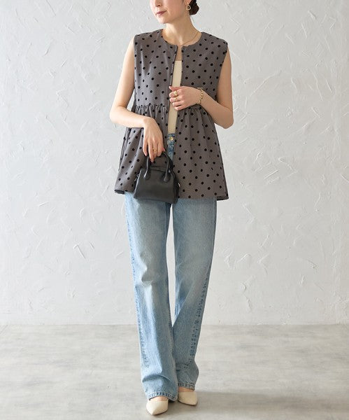 ペプラム フロッキードット ベスト ジップアップ ノースリーブ ジレ レイヤード 春 夏