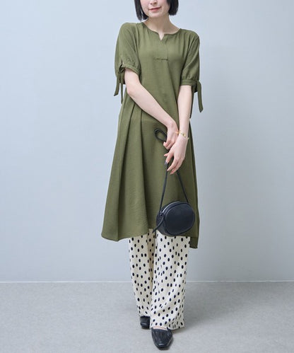 袖リボン キーネック ワンピース 半袖 ゆったり Aライン 体型カバー 膝下丈