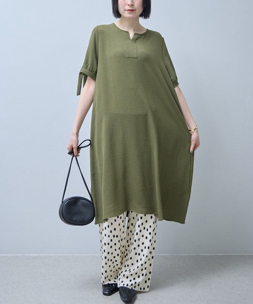 袖リボン キーネック ワンピース 半袖 ゆったり Aライン 体型カバー 膝下丈