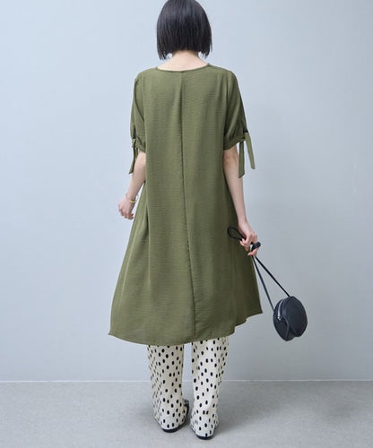 袖リボン キーネック ワンピース 半袖 ゆったり Aライン 体型カバー 膝下丈