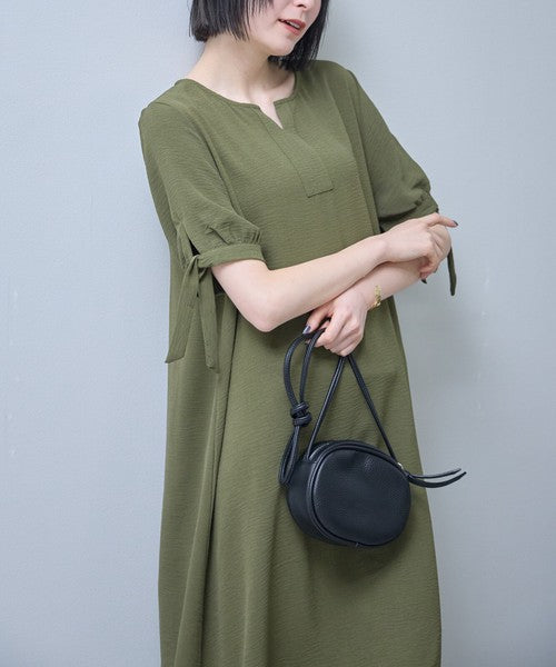 袖リボン キーネック ワンピース 半袖 ゆったり Aライン 体型カバー 膝下丈