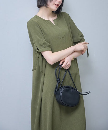 袖リボン キーネック ワンピース 半袖 ゆったり Aライン 体型カバー 膝下丈