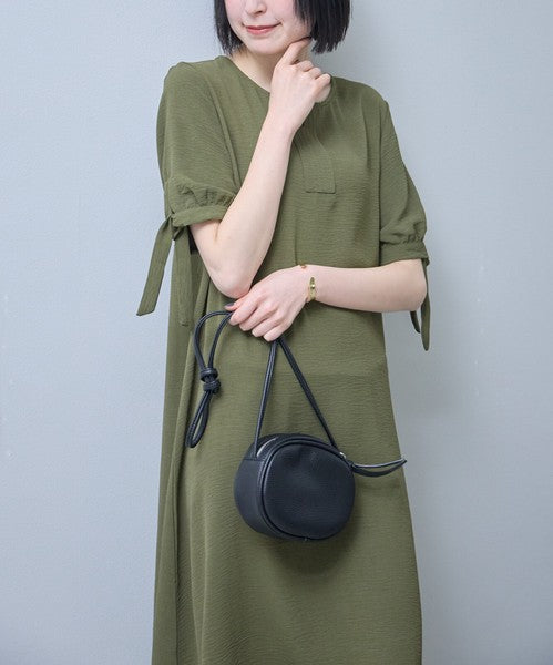 袖リボン キーネック ワンピース 半袖 ゆったり Aライン 体型カバー 膝下丈