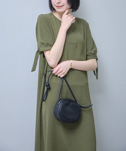 袖リボン キーネック ワンピース 半袖 ゆったり Aライン 体型カバー 膝下丈