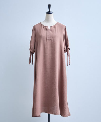 袖リボン キーネック ワンピース 半袖 ゆったり Aライン 体型カバー 膝下丈