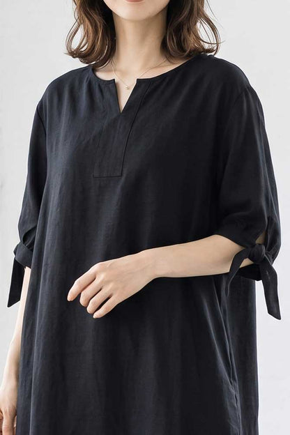 袖リボン キーネック ワンピース 半袖 ゆったり Aライン 体型カバー 膝下丈