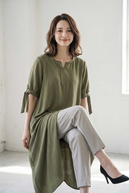 袖リボン キーネック ワンピース 半袖 ゆったり Aライン 体型カバー 膝下丈