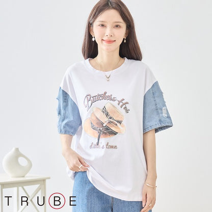ハットプリント デニムスリーブ トップス Tシャツ 半袖 異素材ミックス 綿100% ゆったり 春 夏
