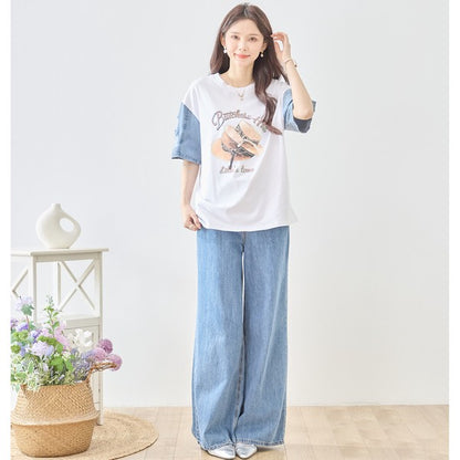 ハットプリント デニムスリーブ トップス Tシャツ 半袖 異素材ミックス 綿100% ゆったり 春 夏