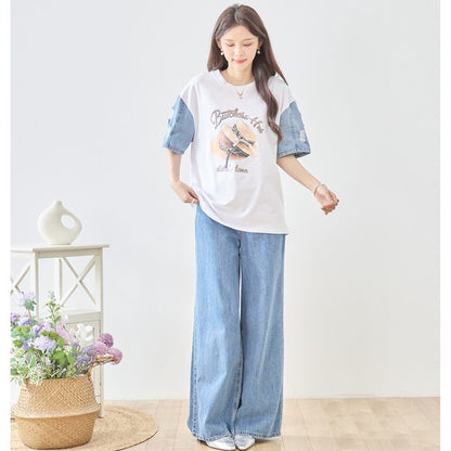 ハットプリント デニムスリーブ トップス Tシャツ 半袖 異素材ミックス 綿100% ゆったり 春 夏