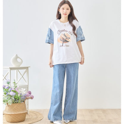 ハットプリント デニムスリーブ トップス Tシャツ 半袖 異素材ミックス 綿100% ゆったり 春 夏