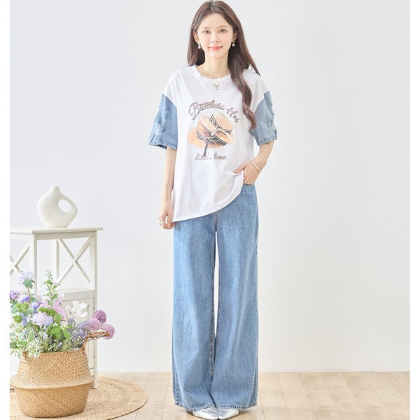 ハットプリント デニムスリーブ トップス Tシャツ 半袖 異素材ミックス 綿100% ゆったり 春 夏
