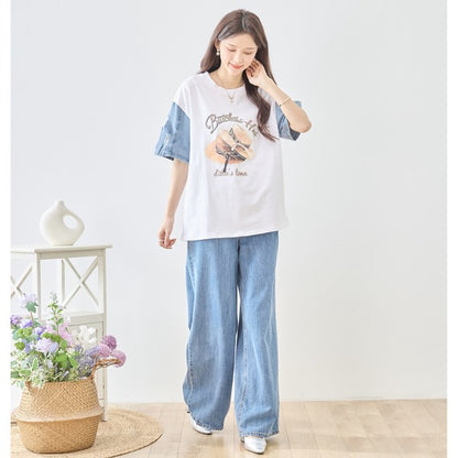 ハットプリント デニムスリーブ トップス Tシャツ 半袖 異素材ミックス 綿100% ゆったり 春 夏