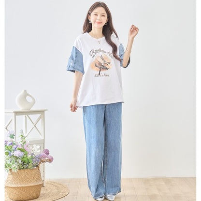 ハットプリント デニムスリーブ トップス Tシャツ 半袖 異素材ミックス 綿100% ゆったり 春 夏