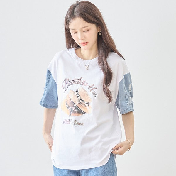 ハットプリント デニムスリーブ トップス Tシャツ 半袖 異素材ミックス 綿100% ゆったり 春 夏