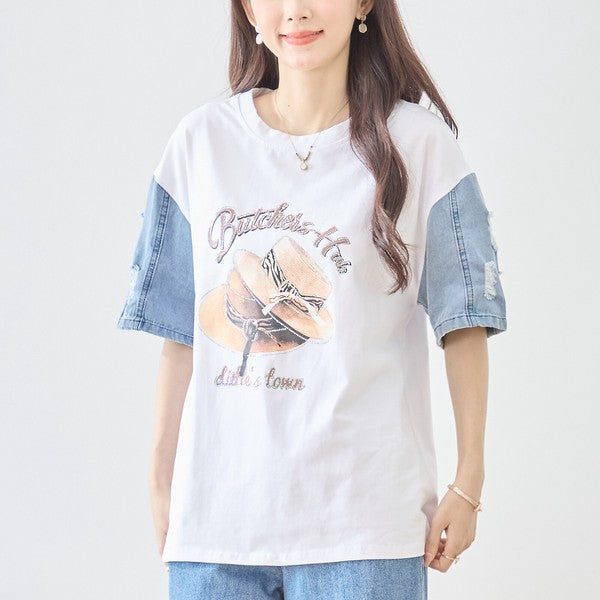 ハットプリント デニムスリーブ トップス Tシャツ 半袖 異素材ミックス 綿100% ゆったり 春 夏