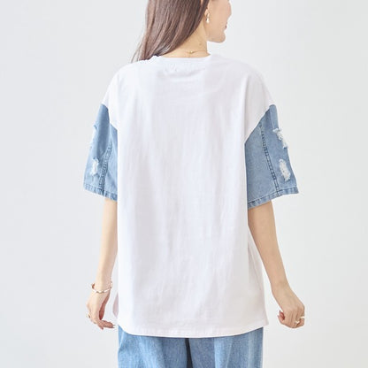 ハットプリント デニムスリーブ トップス Tシャツ 半袖 異素材ミックス 綿100% ゆったり 春 夏