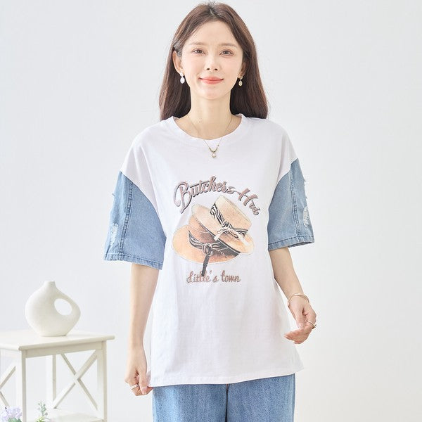 ハットプリント デニムスリーブ トップス Tシャツ 半袖 異素材ミックス 綿100% ゆったり 春 夏