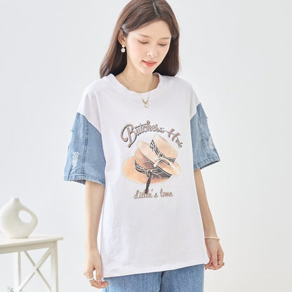 ハットプリント デニムスリーブ トップス Tシャツ 半袖 異素材ミックス 綿100% ゆったり 春 夏