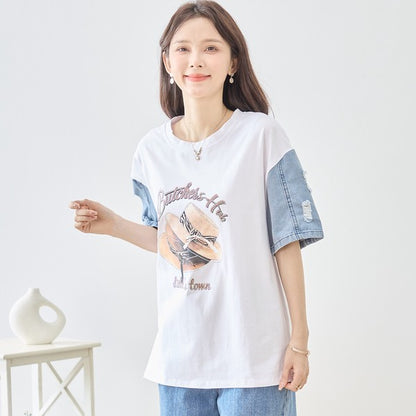 ハットプリント デニムスリーブ トップス Tシャツ 半袖 異素材ミックス 綿100% ゆったり 春 夏