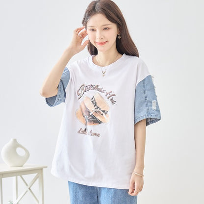 ハットプリント デニムスリーブ トップス Tシャツ 半袖 異素材ミックス 綿100% ゆったり 春 夏