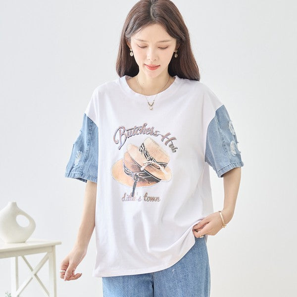 ハットプリント デニムスリーブ トップス Tシャツ 半袖 異素材ミックス 綿100% ゆったり 春 夏