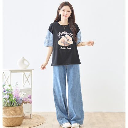 ハットプリント デニムスリーブ トップス Tシャツ 半袖 異素材ミックス 綿100% ゆったり 春 夏