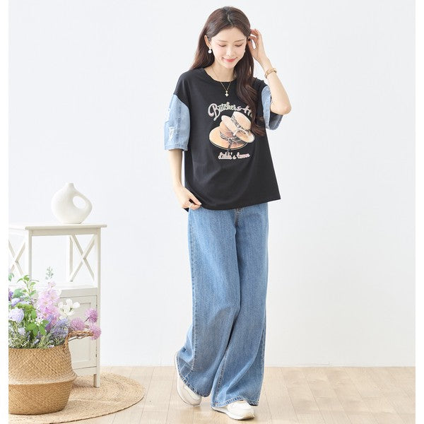 ハットプリント デニムスリーブ トップス Tシャツ 半袖 異素材ミックス 綿100% ゆったり 春 夏