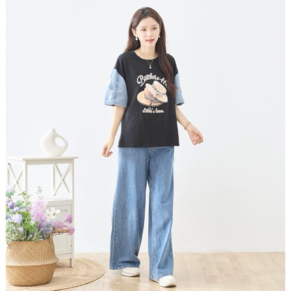 ハットプリント デニムスリーブ トップス Tシャツ 半袖 異素材ミックス 綿100% ゆったり 春 夏
