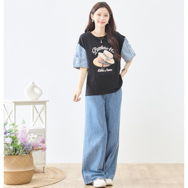 ハットプリント デニムスリーブ トップス Tシャツ 半袖 異素材ミックス 綿100% ゆったり 春 夏