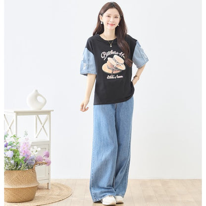 ハットプリント デニムスリーブ トップス Tシャツ 半袖 異素材ミックス 綿100% ゆったり 春 夏