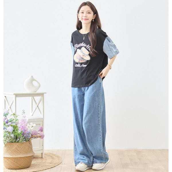 ハットプリント デニムスリーブ トップス Tシャツ 半袖 異素材ミックス 綿100% ゆったり 春 夏