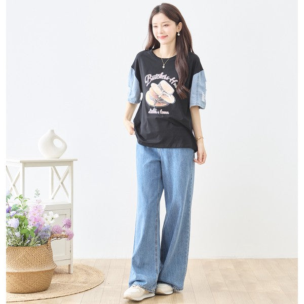 ハットプリント デニムスリーブ トップス Tシャツ 半袖 異素材ミックス 綿100% ゆったり 春 夏