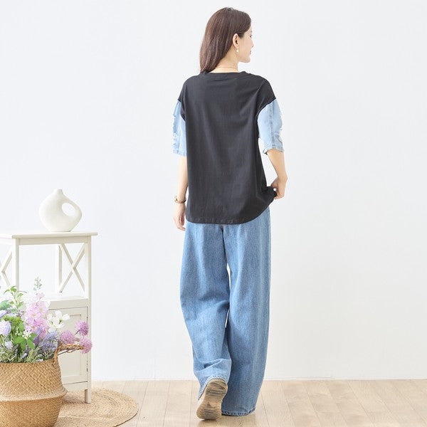 ハットプリント デニムスリーブ トップス Tシャツ 半袖 異素材ミックス 綿100% ゆったり 春 夏