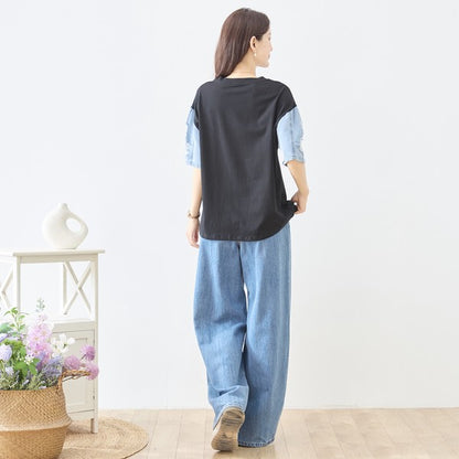 ハットプリント デニムスリーブ トップス Tシャツ 半袖 異素材ミックス 綿100% ゆったり 春 夏