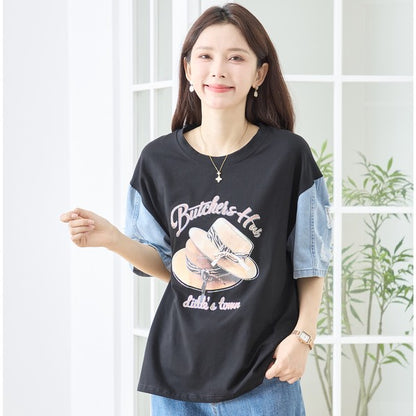 ハットプリント デニムスリーブ トップス Tシャツ 半袖 異素材ミックス 綿100% ゆったり 春 夏