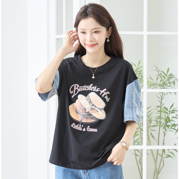 ハットプリント デニムスリーブ トップス Tシャツ 半袖 異素材ミックス 綿100% ゆったり 春 夏