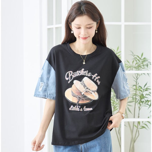 ハットプリント デニムスリーブ トップス Tシャツ 半袖 異素材ミックス 綿100% ゆったり 春 夏