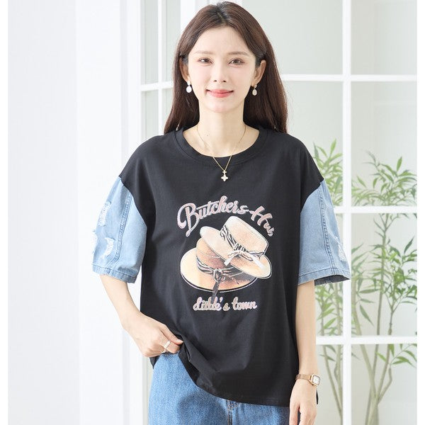 ハットプリント デニムスリーブ トップス Tシャツ 半袖 異素材ミックス 綿100% ゆったり 春 夏
