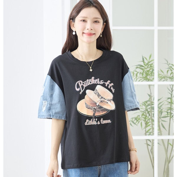 ハットプリント デニムスリーブ トップス Tシャツ 半袖 異素材ミックス 綿100% ゆったり 春 夏