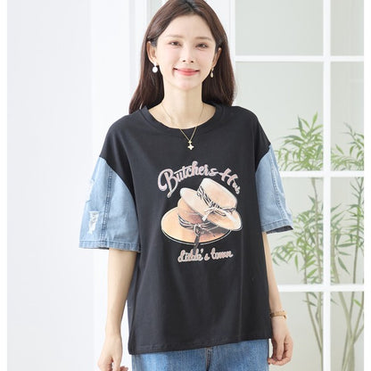 ハットプリント デニムスリーブ トップス Tシャツ 半袖 異素材ミックス 綿100% ゆったり 春 夏