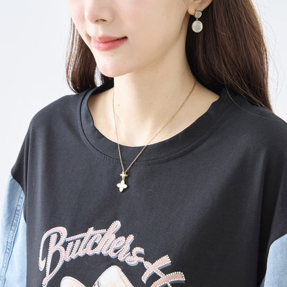 ハットプリント デニムスリーブ トップス Tシャツ 半袖 異素材ミックス 綿100% ゆったり 春 夏